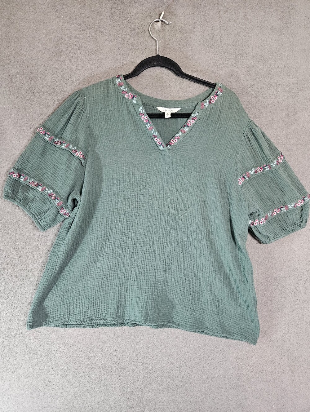Linda Anderson XL Green Gauze Meadow Grace Embroidered V-Neck Blouse Peasant